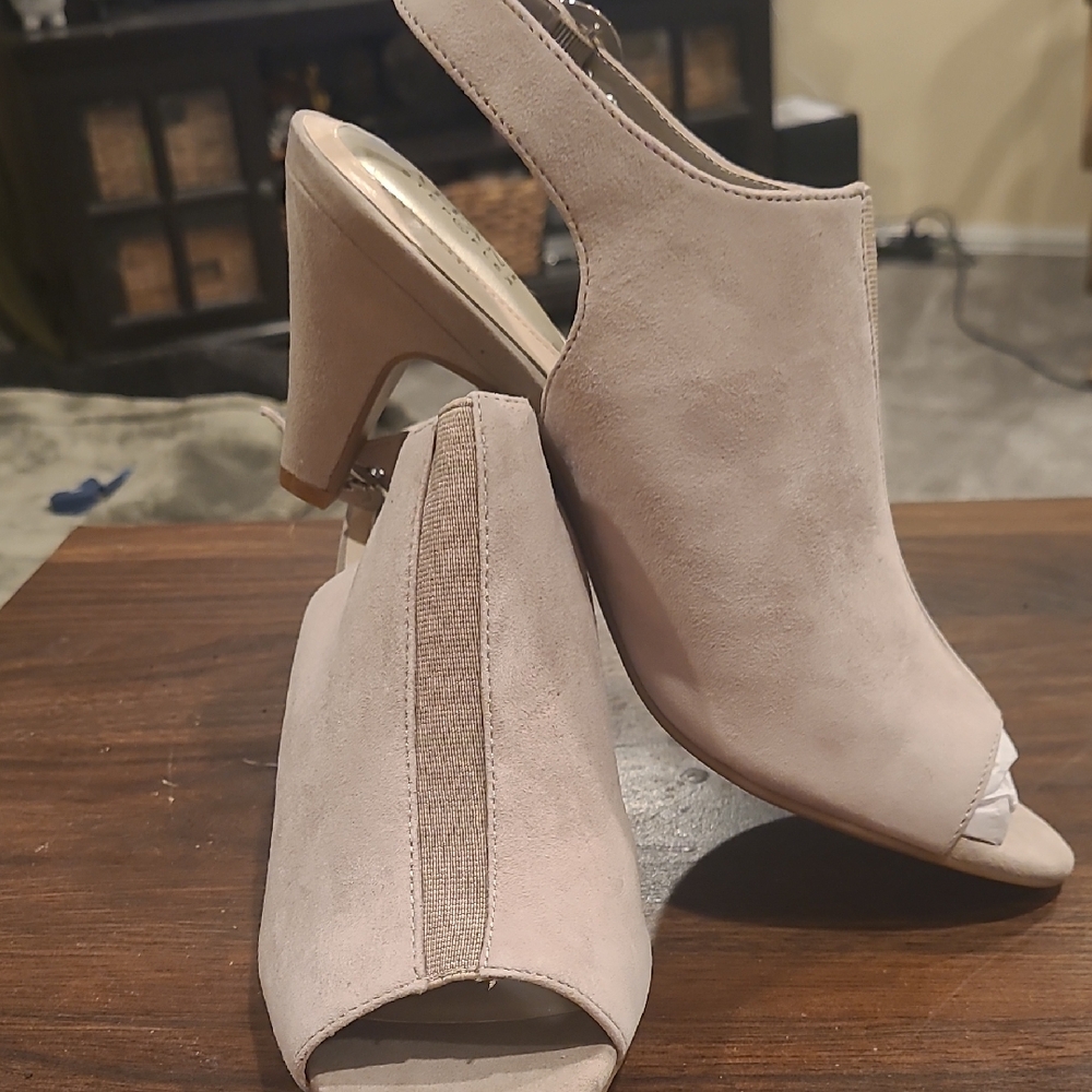 Alfani Women’s Peep-Toe Slingback Mules in Light Taupe Suede